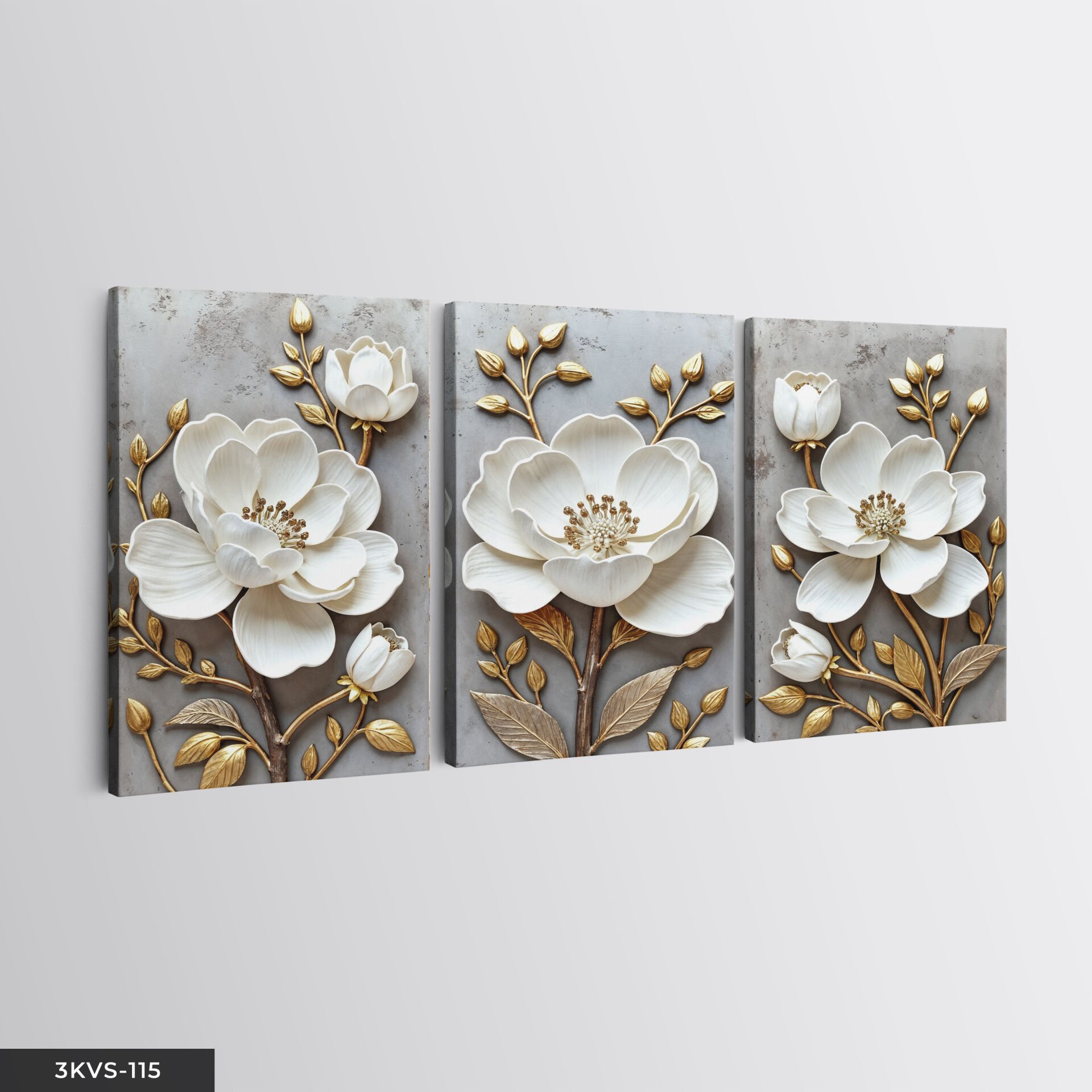 Gold Yapraklı Beyaz Çiçek 3 Parça Kanvas - Canvas Tablo 40 x 30 CM