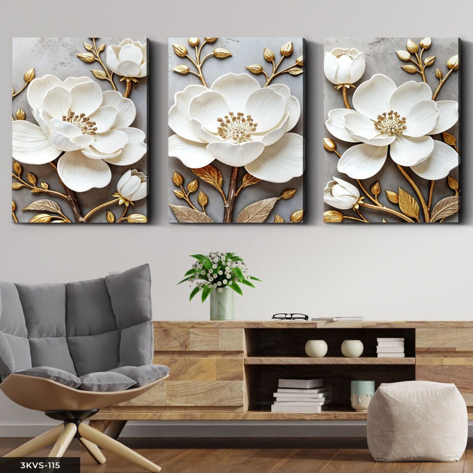 Gold Yapraklı Beyaz Çiçek 3 Parça Kanvas - Canvas Tablo 40 x 30 CM