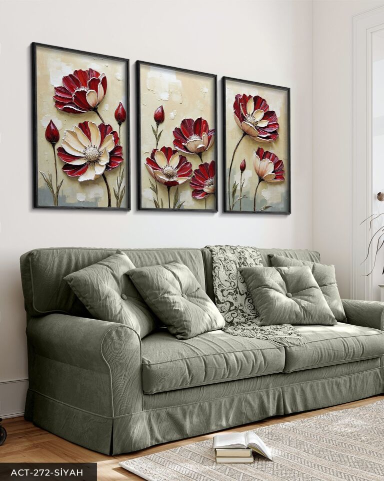 Dokulu Görünüm Çiçek 3 Parça Ahşap Çerçeveli Tablo ACT Siyah - 50 x 70 CM