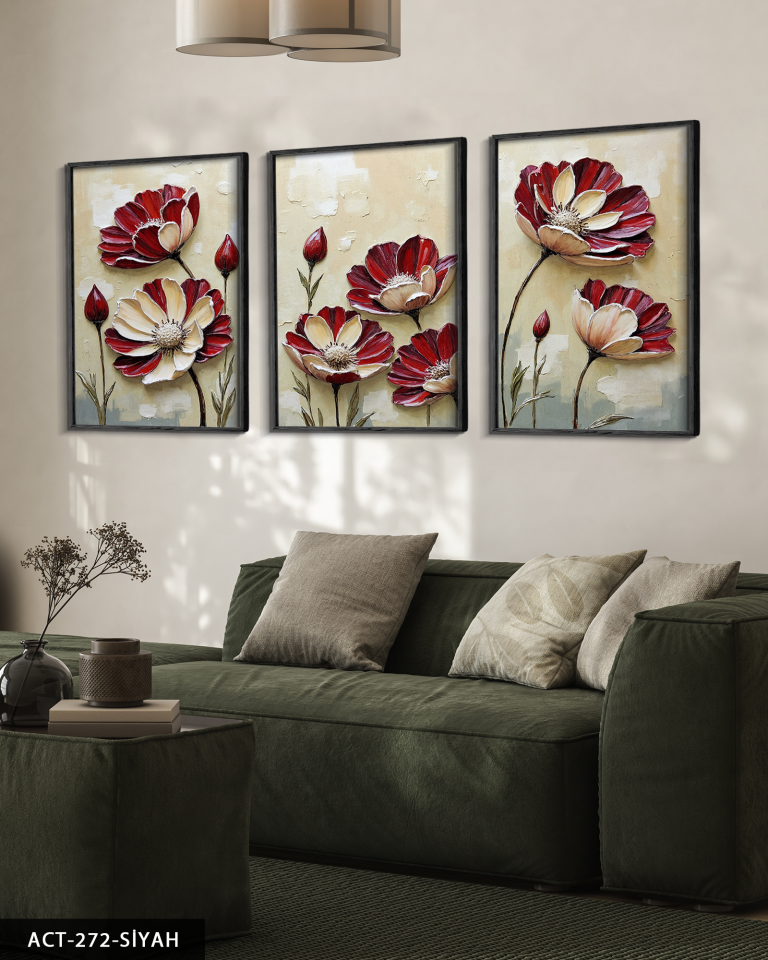 Dokulu Görünüm Çiçek 3 Parça Ahşap Çerçeveli Tablo ACT Siyah - 50 x 70 CM