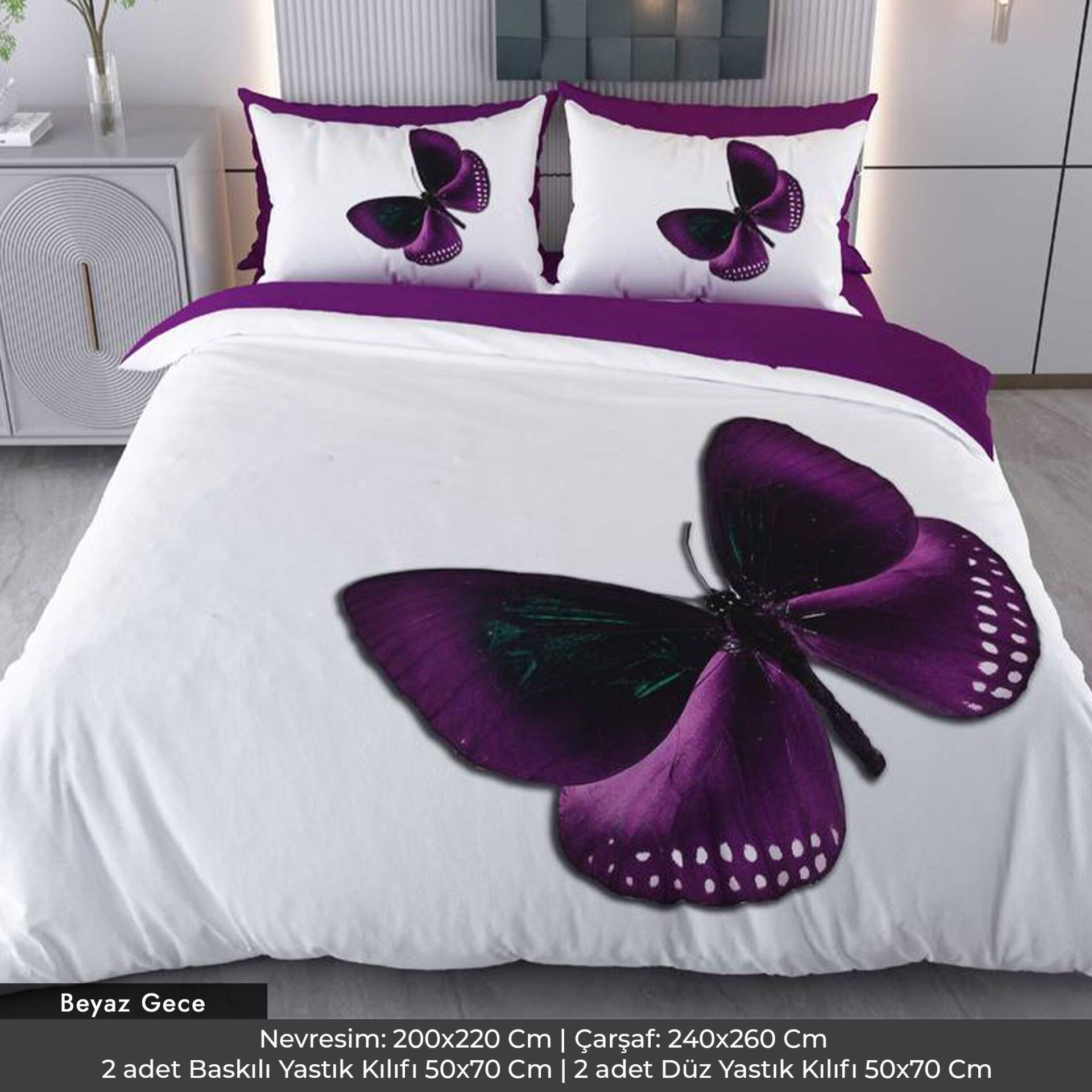 Mor Kelebek Dijital Baskılı 3D 3 Boyutlu Çift Kişilik Nevresim Takımı Çift Kişilik