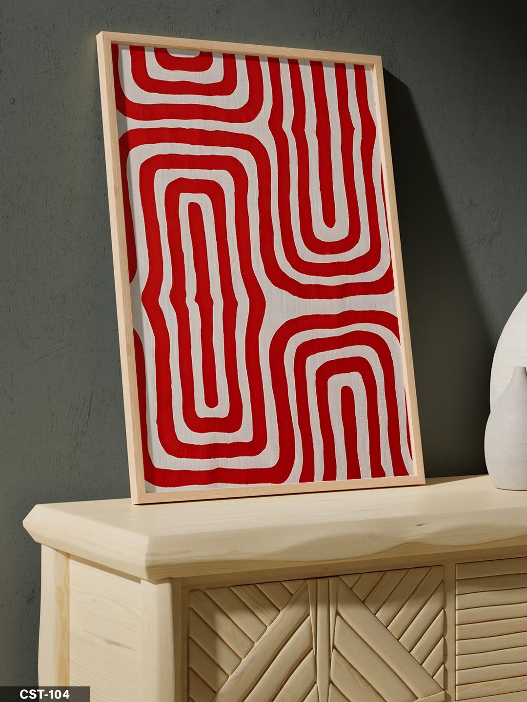 Kırmızı Beyaz Geometrik Desen Tek Parça Ahşap Çerçeveli Tablo Naturel - 20 x 30 CM
