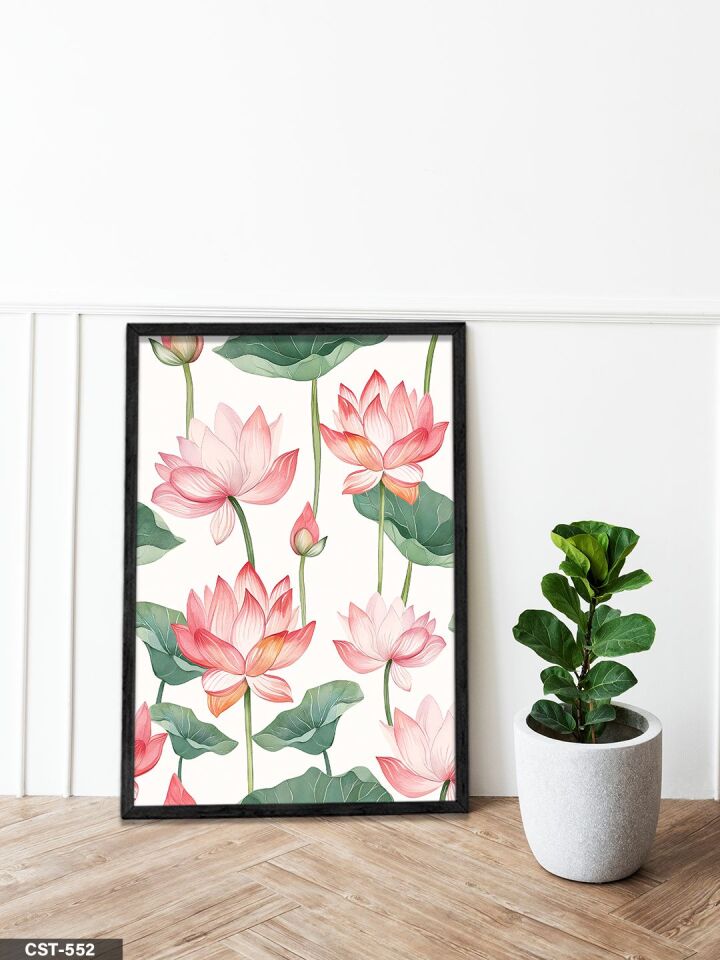 Pembe Nilüfer Tek Parça Ahşap Çerçeveli Tablo Siyah - 40 x 60 CM