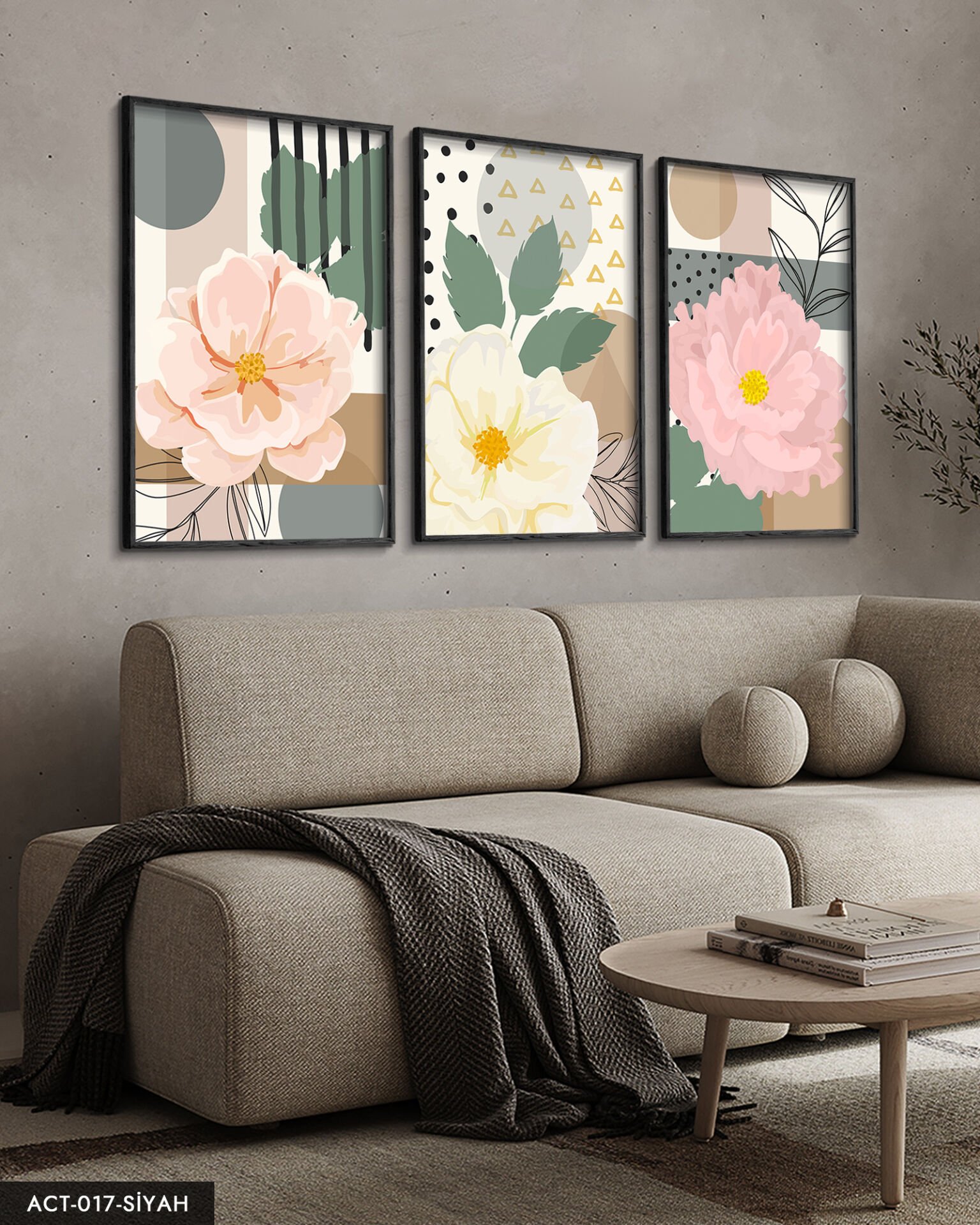 Pembe Çiçek 3 Parça Ahşap Çerçeveli Tablo ACT Siyah - 20 x 30 CM