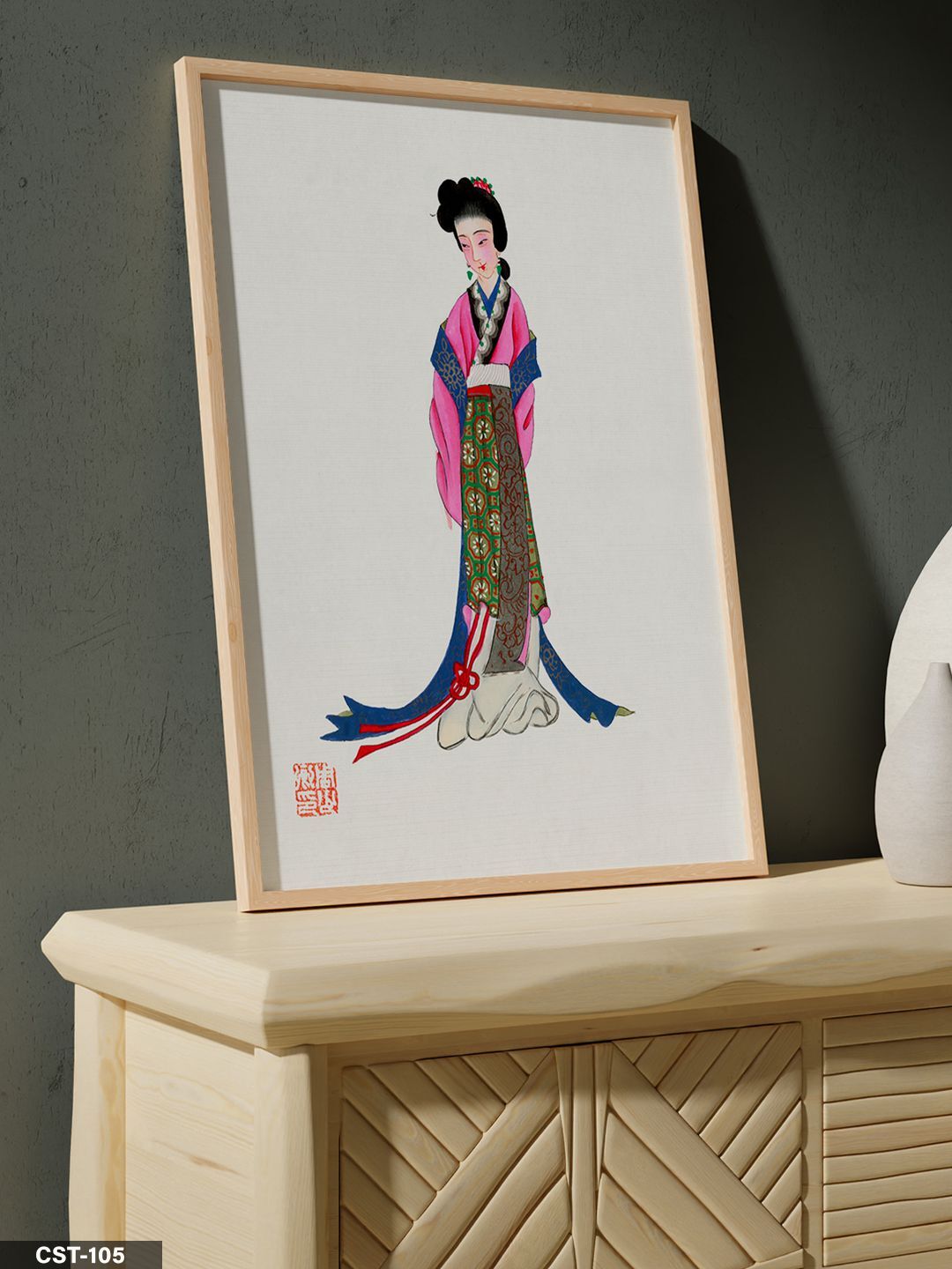 Geleneksel Kıyafetli Kadın illüstrasyon Tek Parça Ahşap Çerçeveli Tablo Naturel - 20 x 30 CM