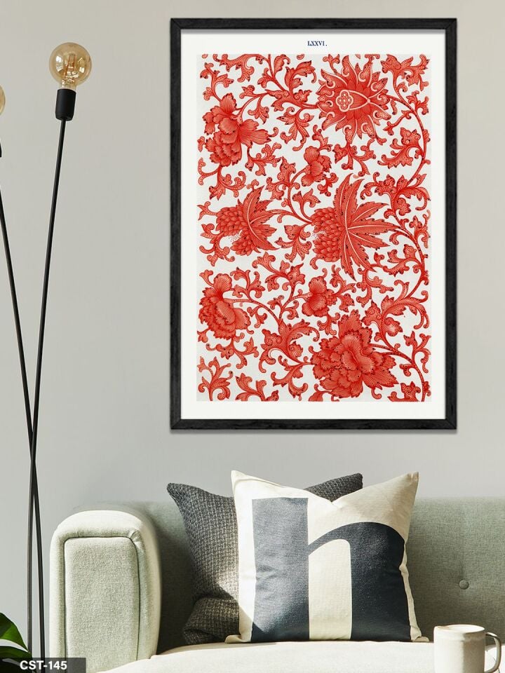 Kırmızı Beyaz Desenli Tek Parça Ahşap Çerçeveli Tablo Siyah - 30 x 40 CM