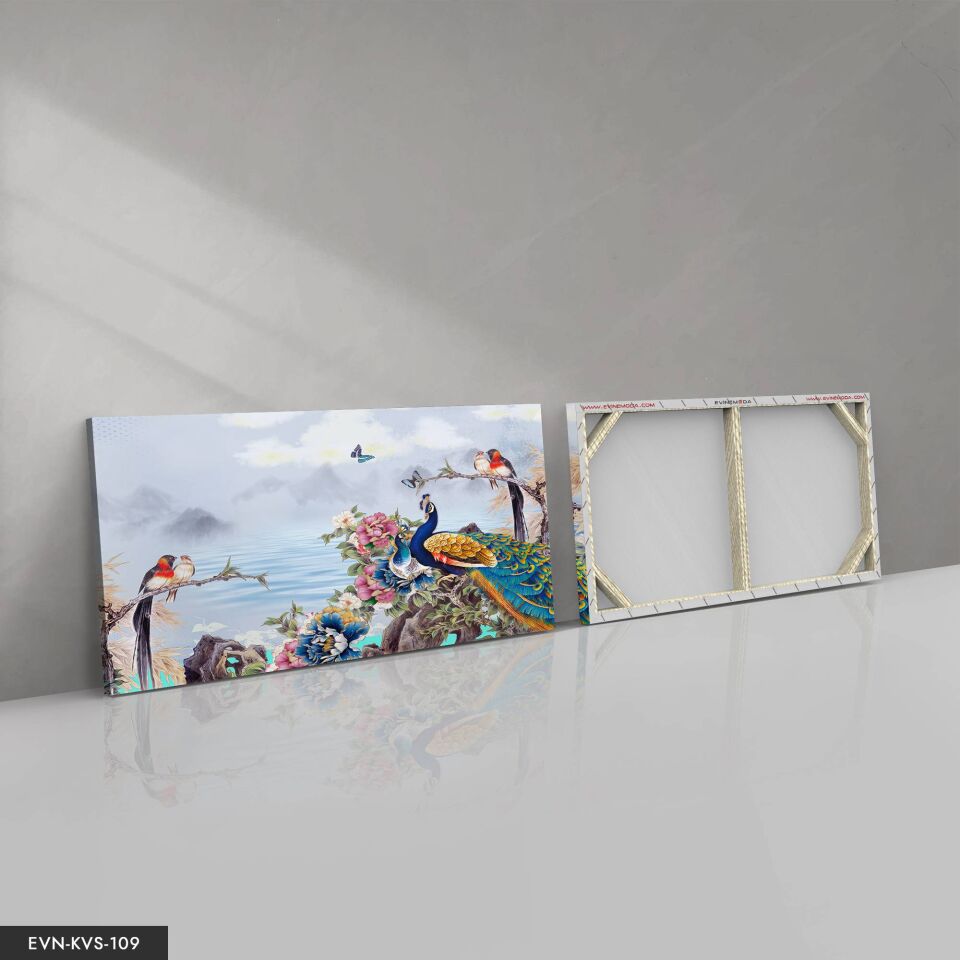 Tavus Kuşları Tek Parça Kanvas Canvas Tablo Tablo 40 x 30 CM - Çok Renkli