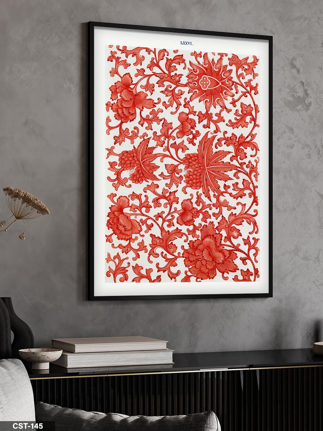 Kırmızı Beyaz Desenli Tek Parça Ahşap Çerçeveli Tablo Siyah - 30 x 40 CM