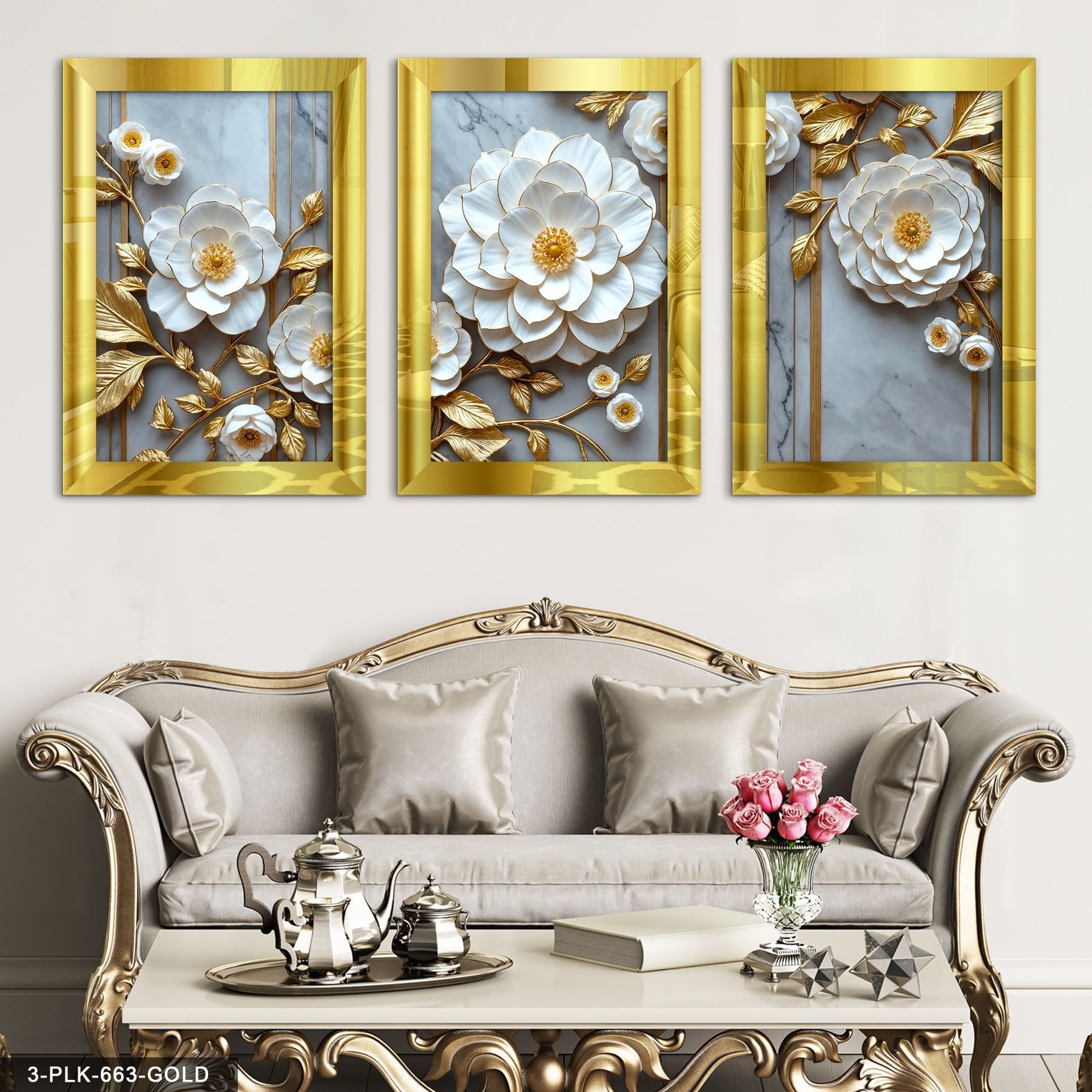 Beyaz Çiçek 3 Parça Pleksi Aynalı Tablo 40 x 60 CM - Gold