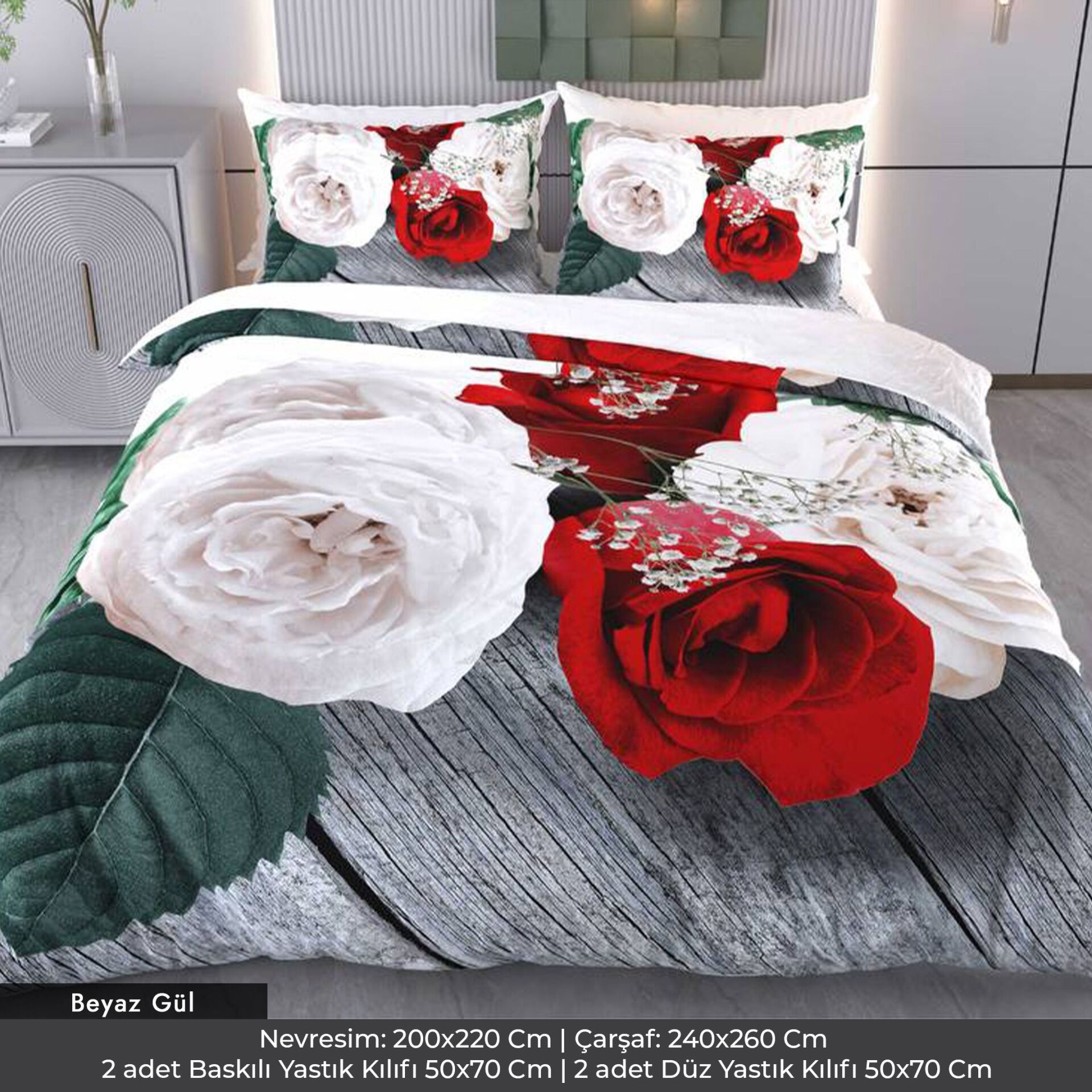 Beyaz Kırmızı Gül Dijital Baskılı 3D 3 Boyutlu Çift Kişilik Nevresim Takımı Çift Kişilik