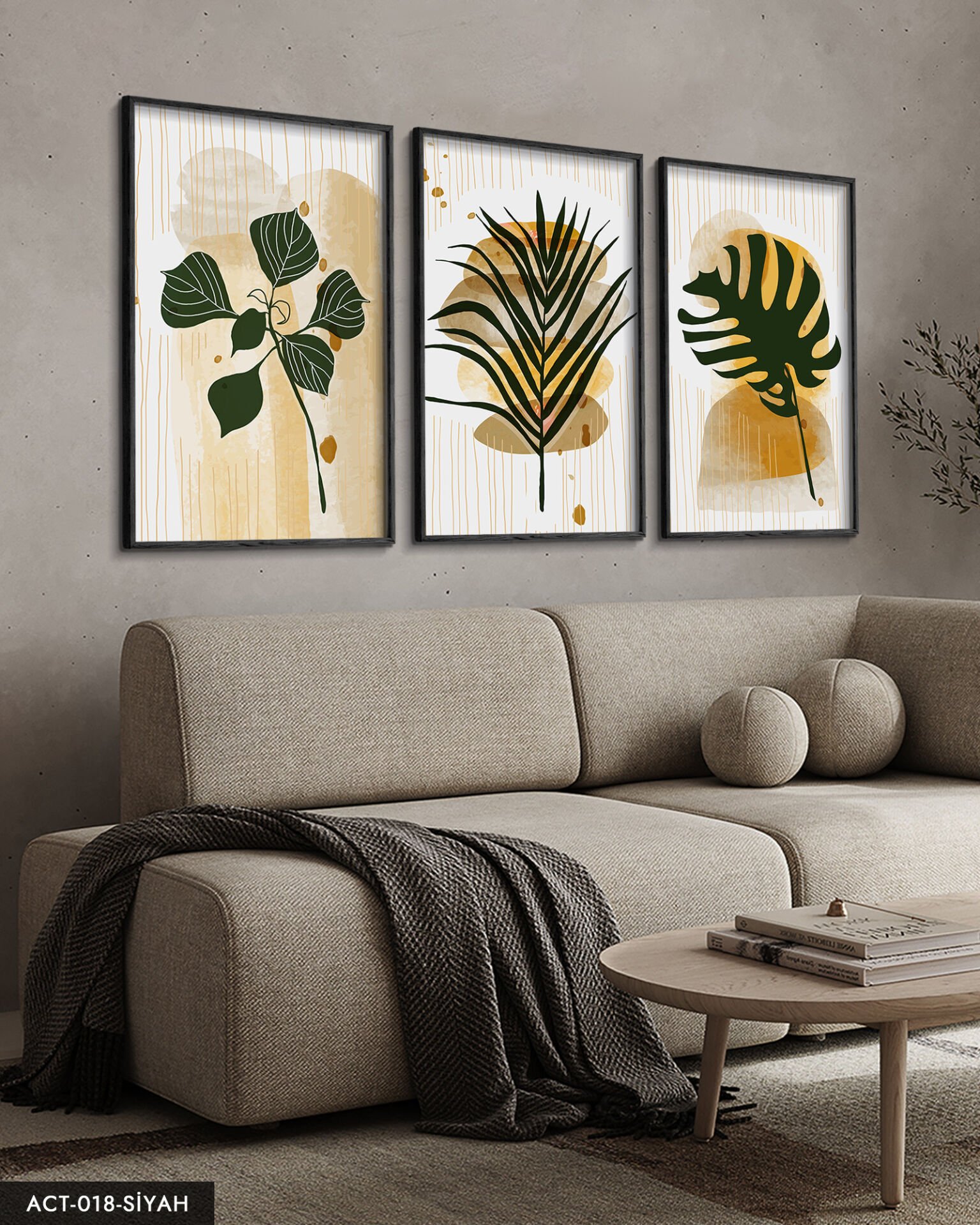 Yeşil Yaprak Tüy 3 Parça Ahşap Çerçeveli Tablo ACT Siyah - 20 x 30 CM