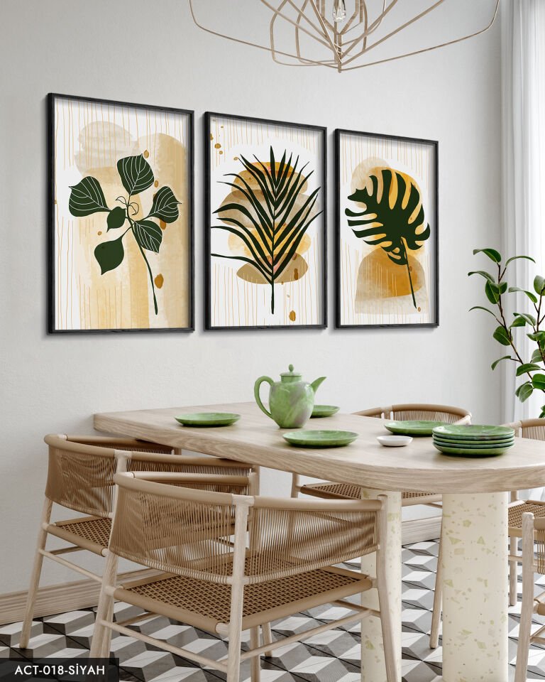 Yeşil Yaprak Tüy 3 Parça Ahşap Çerçeveli Tablo ACT Siyah - 20 x 30 CM