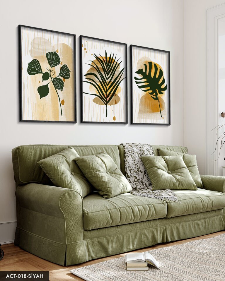 Yeşil Yaprak Tüy 3 Parça Ahşap Çerçeveli Tablo ACT Siyah - 20 x 30 CM