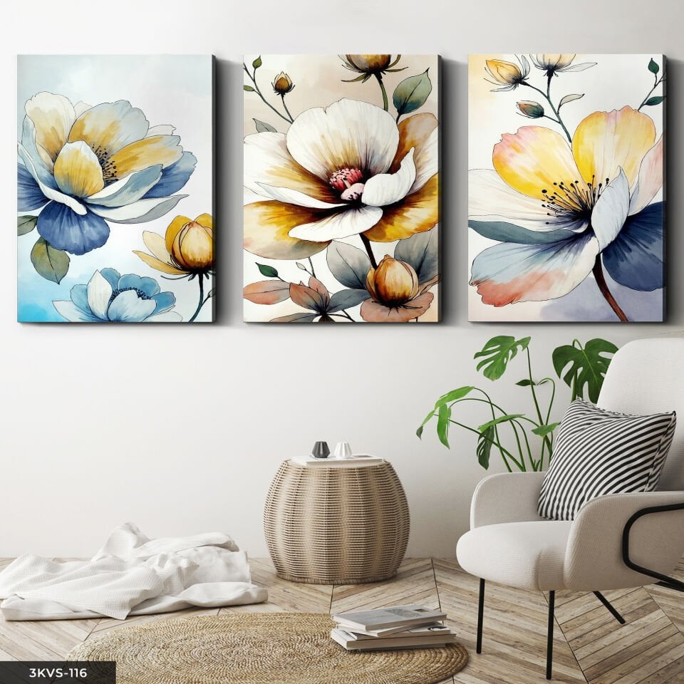 Sulu Boya Görünümlü Çiçekler 3 Parça Kanvas - Canvas Tablo 40 x 30 CM