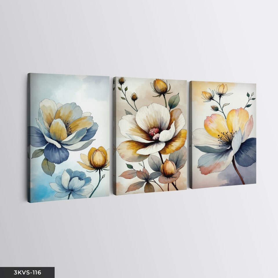 Sulu Boya Görünümlü Çiçekler 3 Parça Kanvas - Canvas Tablo 45 x 65 CM