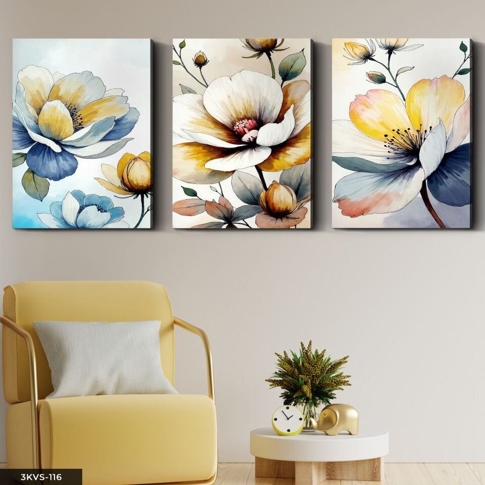 Sulu Boya Görünümlü Çiçekler 3 Parça Kanvas - Canvas Tablo 40 x 30 CM