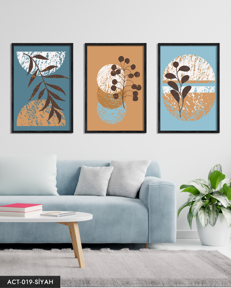 Bohem Tarzı, Soyut, Sanat, 3 Parça Ahşap Çerçeveli Tablo ACT Siyah - 20 x 30 CM
