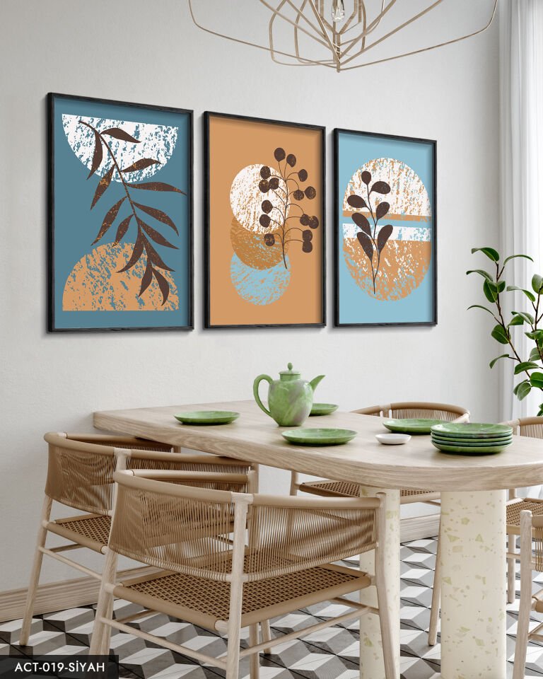 Bohem Tarzı, Soyut, Sanat, 3 Parça Ahşap Çerçeveli Tablo ACT Siyah - 20 x 30 CM