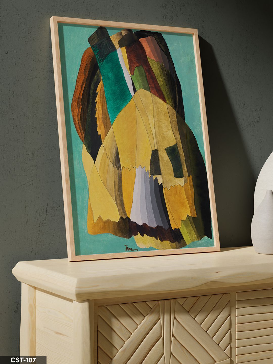 Sarı-yeşil Tonlarda Soyut Figür Tek Parça Ahşap Çerçeveli Tablo Naturel - 20 x 30 CM