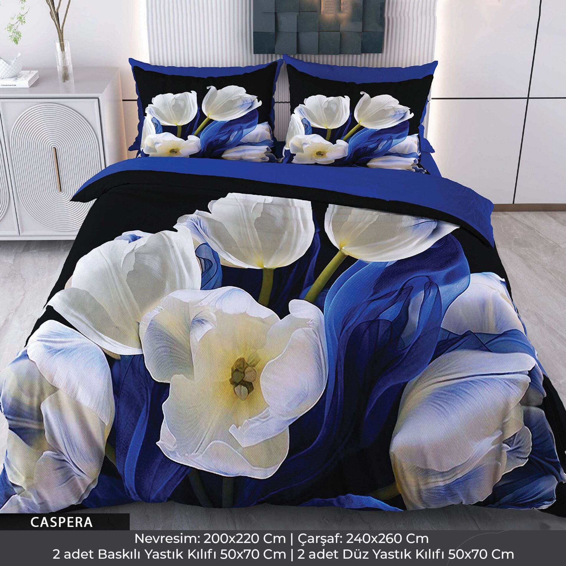 Beyaz Çiçekler Dijital Baskılı 3D 3 Boyutlu Çift Kişilik Nevresim Takımı Çift Kişilik