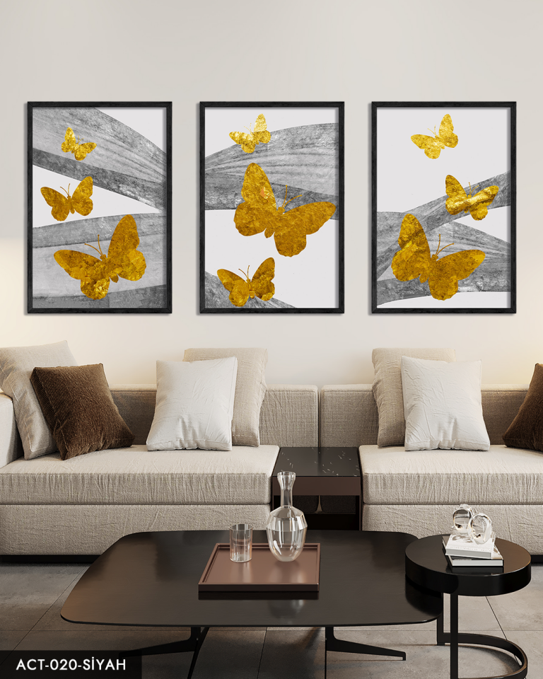 Gold Kelebekler Soyut Arkaplan 3 Parça Ahşap Çerçeveli Tablo ACT Siyah - 20 x 30 CM