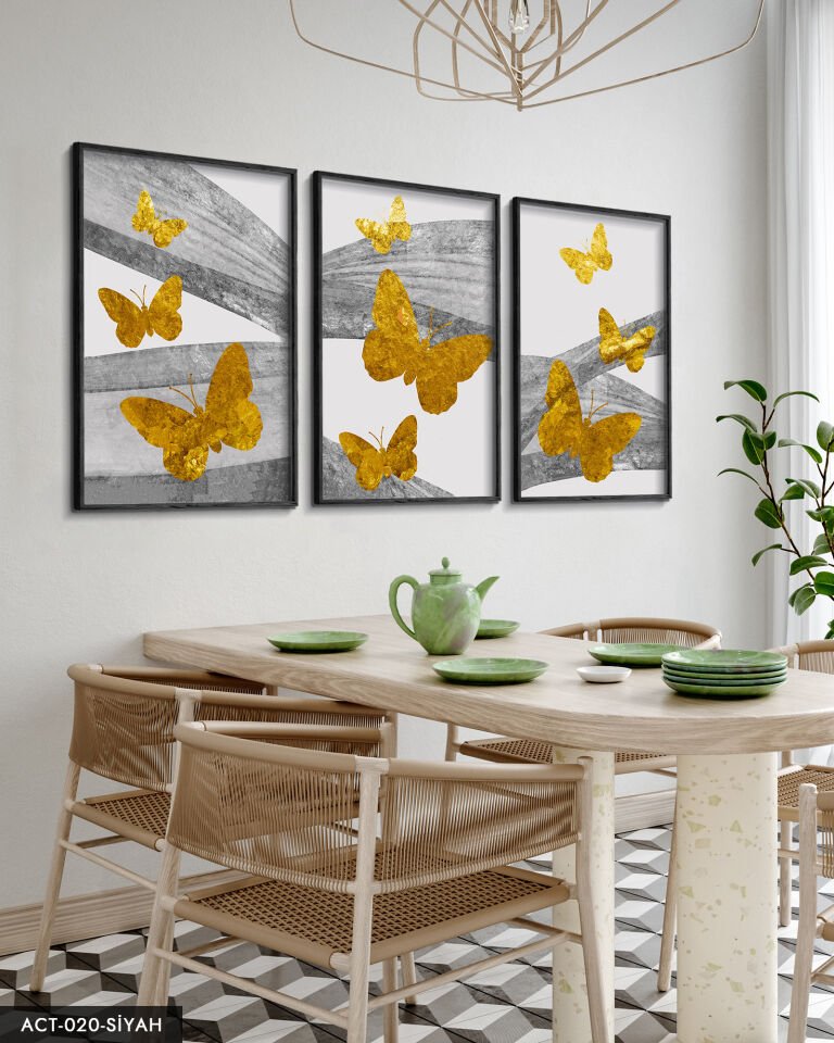 Gold Kelebekler Soyut Arkaplan 3 Parça Ahşap Çerçeveli Tablo ACT Siyah - 20 x 30 CM