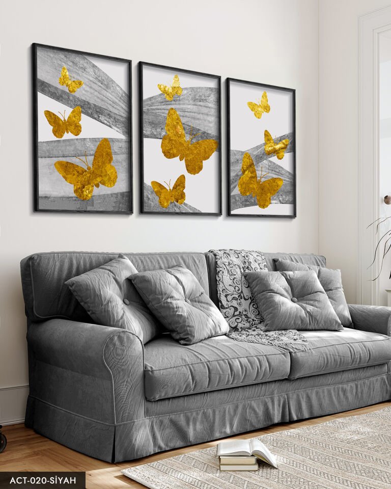Gold Kelebekler Soyut Arkaplan 3 Parça Ahşap Çerçeveli Tablo ACT Siyah - 20 x 30 CM