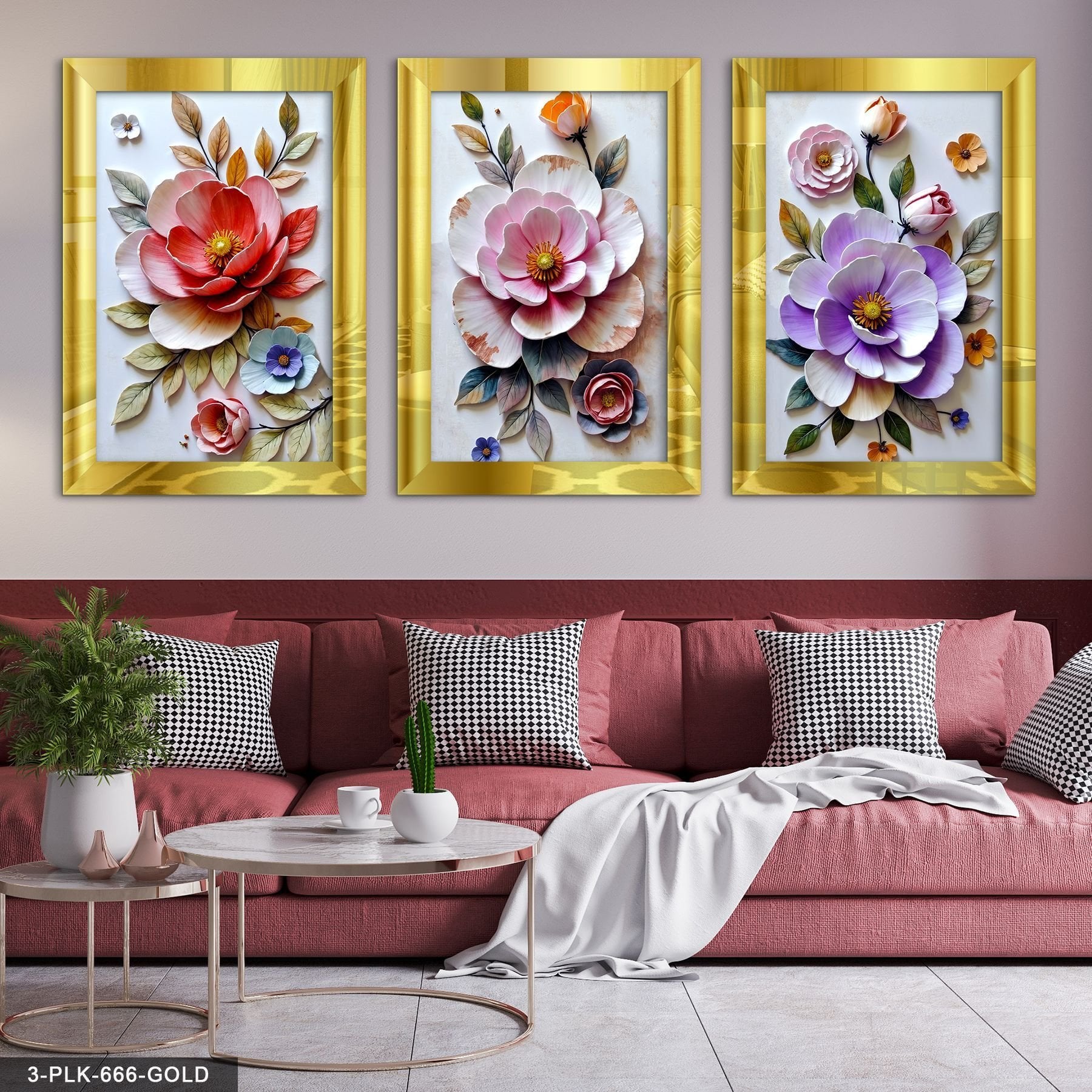 Renkli Çiçekler 3 Parça Pleksi Aynalı Tablo 40 x 60 CM - Gold