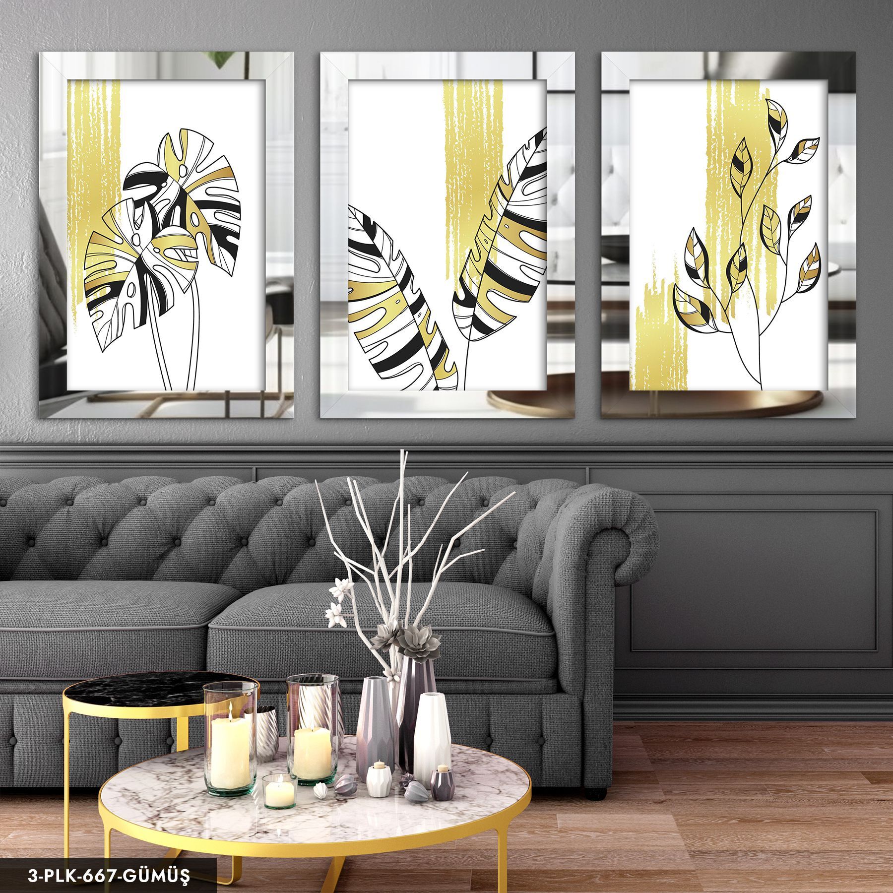Gold Detaylı Minimalist Yaprak 3 Parça Pleksi Aynalı Tablo 40 x 60 CM - Gümüş
