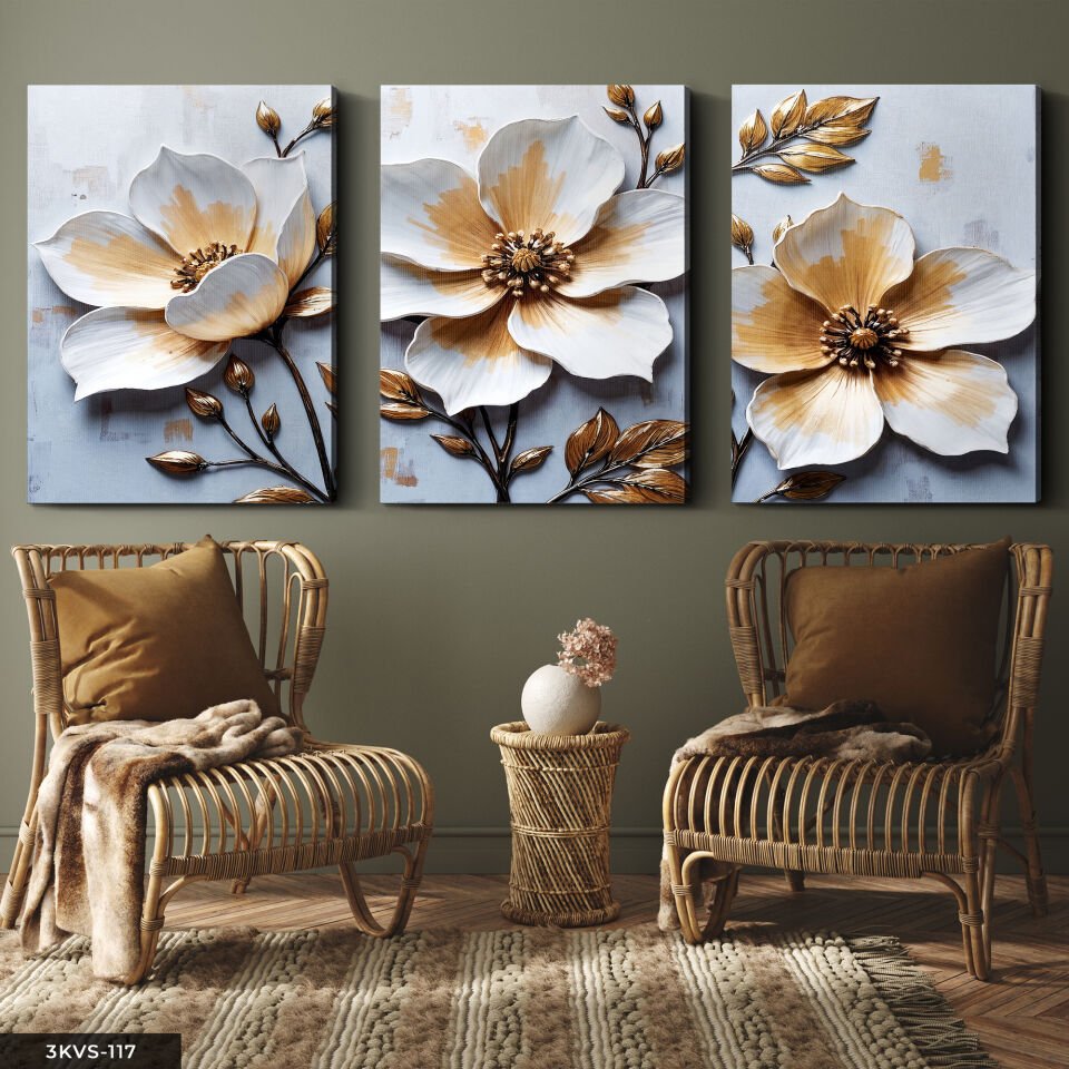 Gold Yapraklı Çiçek 3 Parça Kanvas - Canvas Tablo 40 x 30 CM
