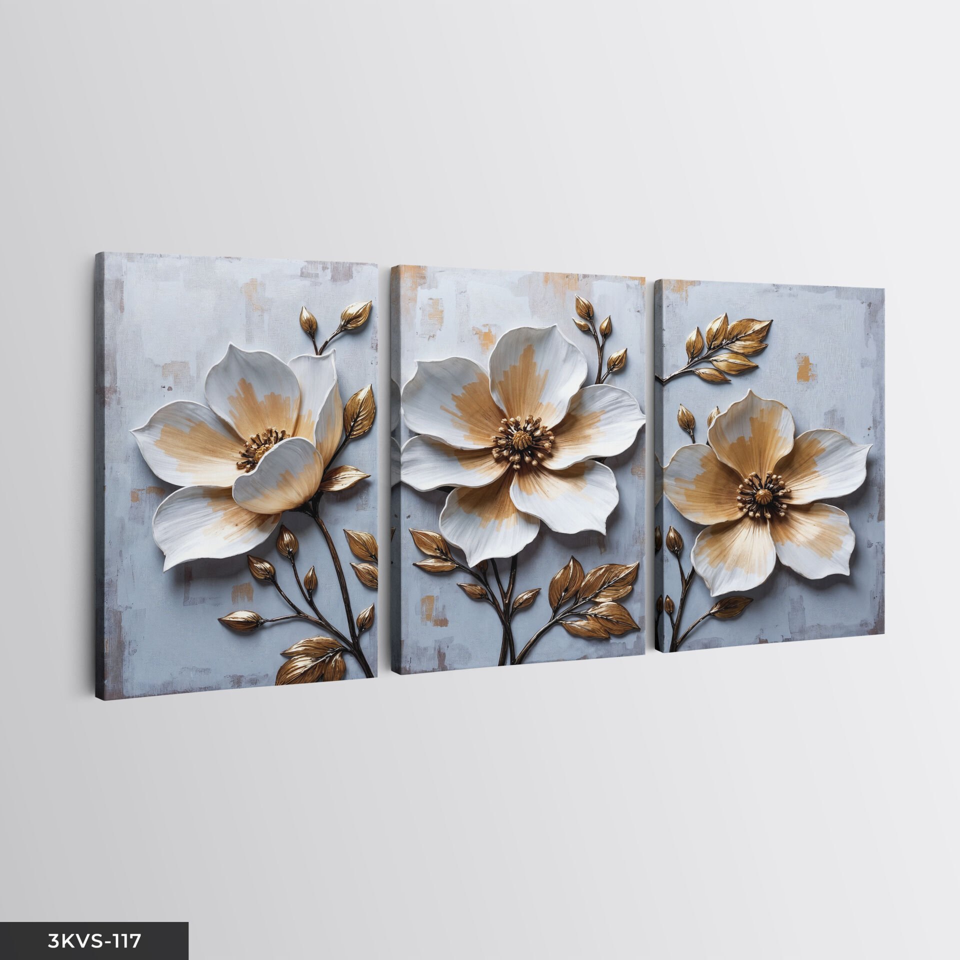 Gold Yapraklı Çiçek 3 Parça Kanvas - Canvas Tablo 40 x 30 CM