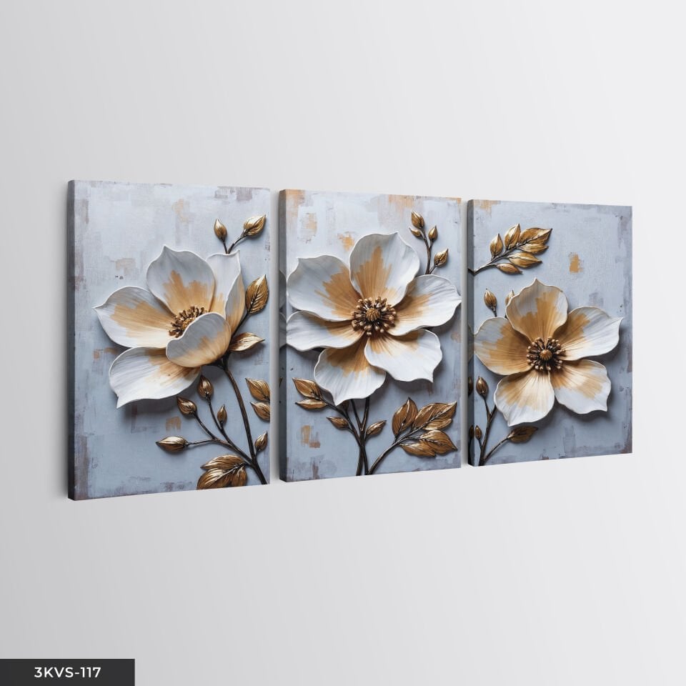 Gold Yapraklı Çiçek 3 Parça Kanvas - Canvas Tablo 45 x 65 CM