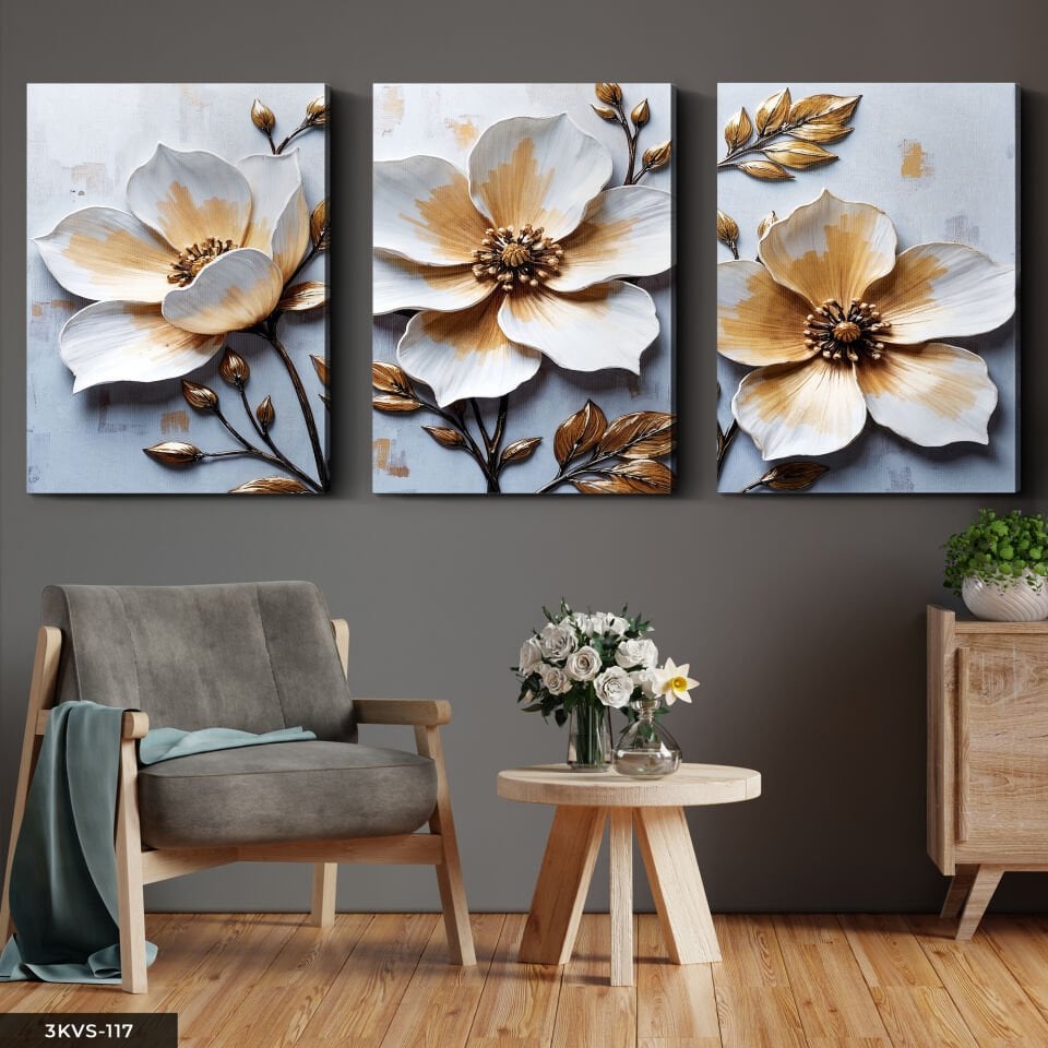 Gold Yapraklı Çiçek 3 Parça Kanvas - Canvas Tablo 40 x 30 CM
