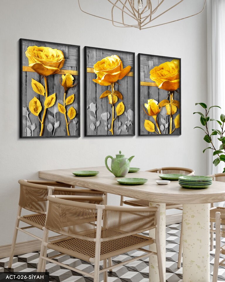 Gold Çiçek 3 Parça Ahşap Çerçeveli Tablo ACT Siyah - 20 x 30 CM