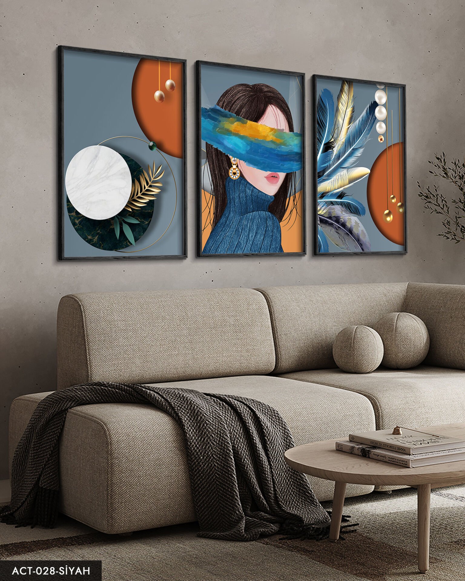 Soyut, Sanatsal, Kadın, Tüy, 3 Parça Ahşap Çerçeveli Tablo ACT Siyah - 20 x 30 CM