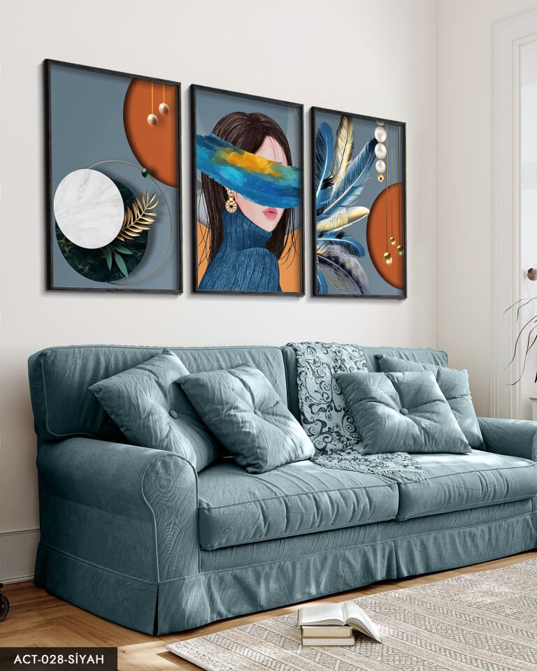 Soyut, Sanatsal, Kadın, Tüy, 3 Parça Ahşap Çerçeveli Tablo ACT Siyah - 20 x 30 CM