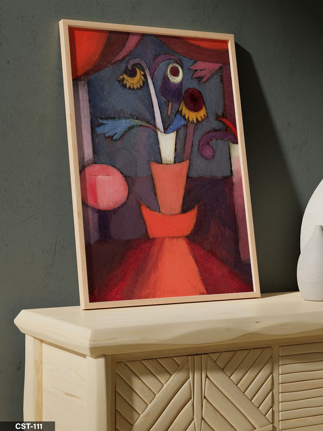 Kırmızı Perdeler Altında Çiçekler Sürreal Tek Parça Ahşap Çerçeveli Tablo Naturel - 20 x 30 CM