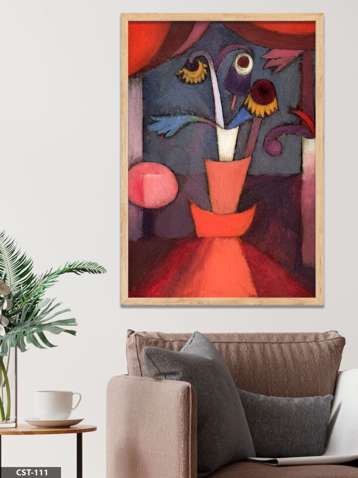 Kırmızı Perdeler Altında Çiçekler Sürreal Tek Parça Ahşap Çerçeveli Tablo Naturel - 20 x 30 CM