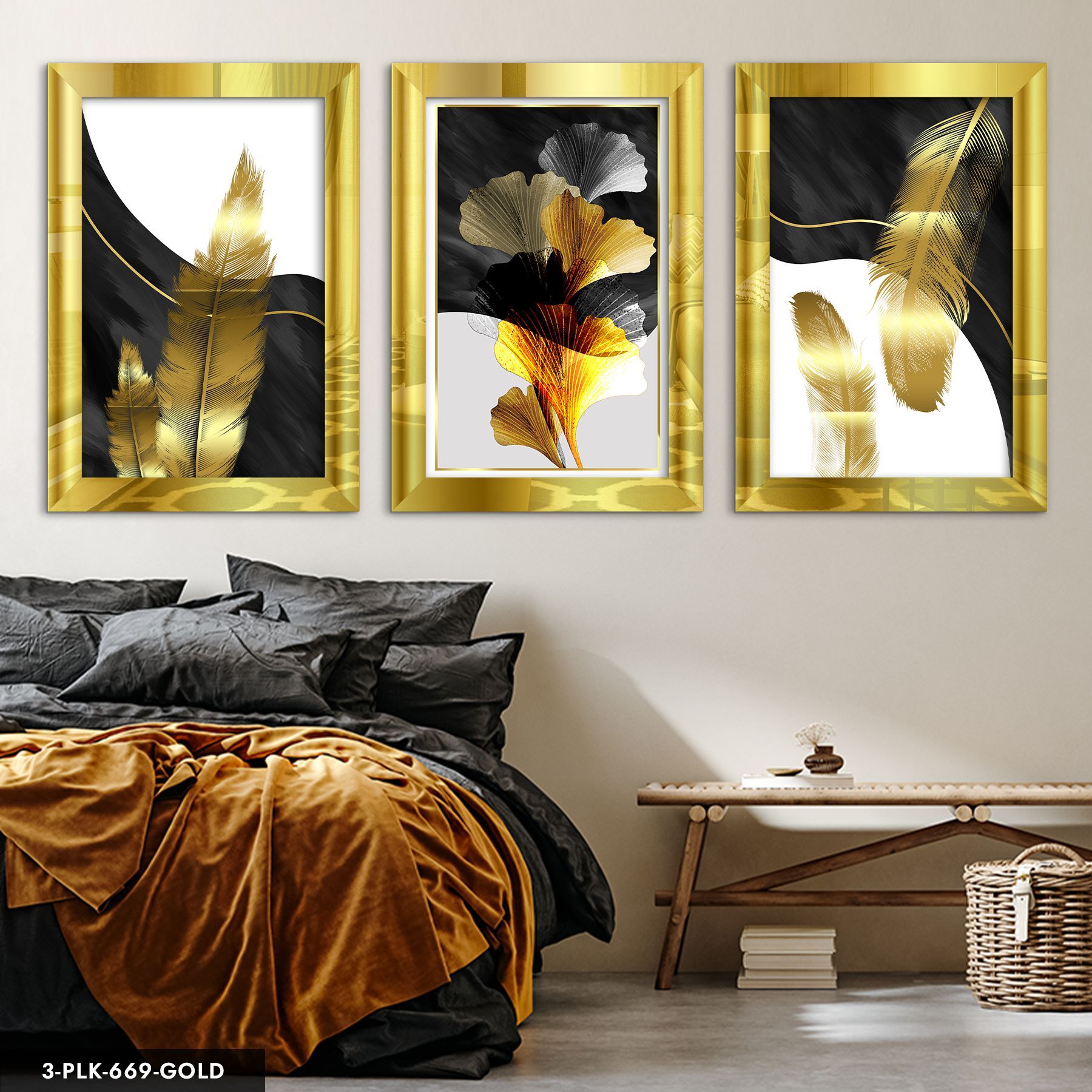 Gold Yaprak 3 Parça Pleksi Aynalı Tablo 40 x 60 CM - Gold