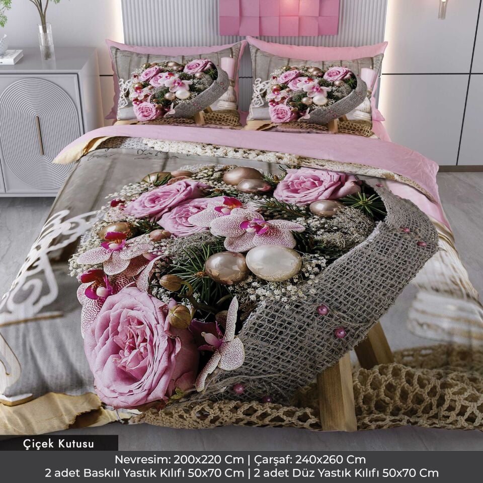 Pembe Güller Dijital Baskılı 3D 3 Boyutlu Çift Kişilik Nevresim Takımı Çift Kişilik