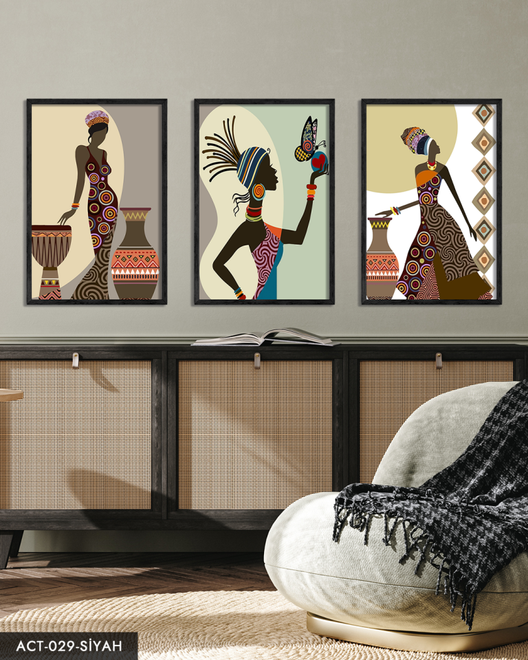 Etnik Afrikalı Kadınlar 3 Parça Ahşap Çerçeveli Tablo ACT Siyah - 20 x 30 CM