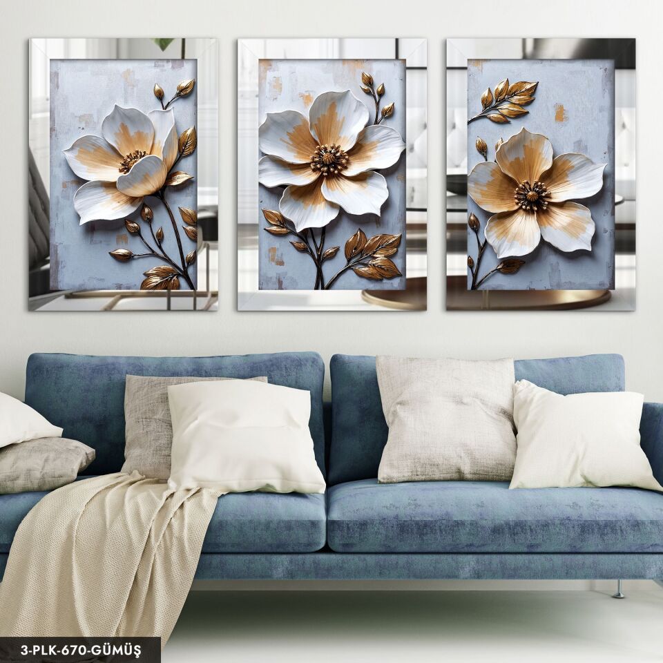 Dokulu Görünüm Beyaz Çiçek 3 Parça Pleksi Aynalı Tablo 40 x 60 CM - Gümüş