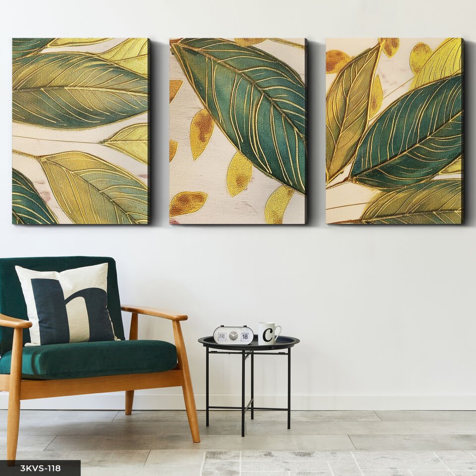 Gold Detaylı Yapraklar 3 Parça Kanvas - Canvas Tablo 40 x 30 CM