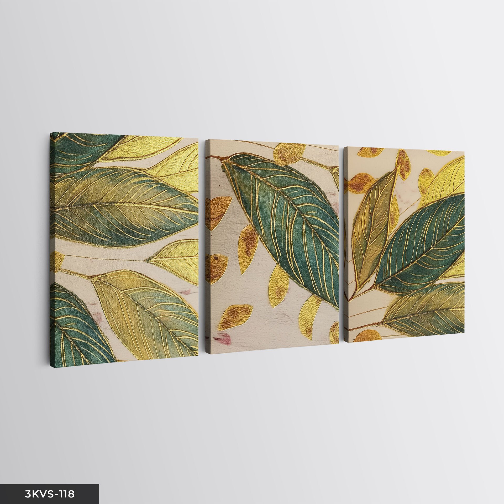 Gold Detaylı Yapraklar 3 Parça Kanvas - Canvas Tablo 40 x 30 CM