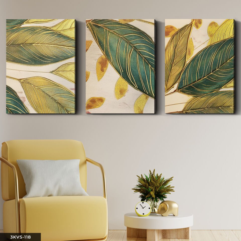 Gold Detaylı Yapraklar 3 Parça Kanvas - Canvas Tablo 40 x 30 CM