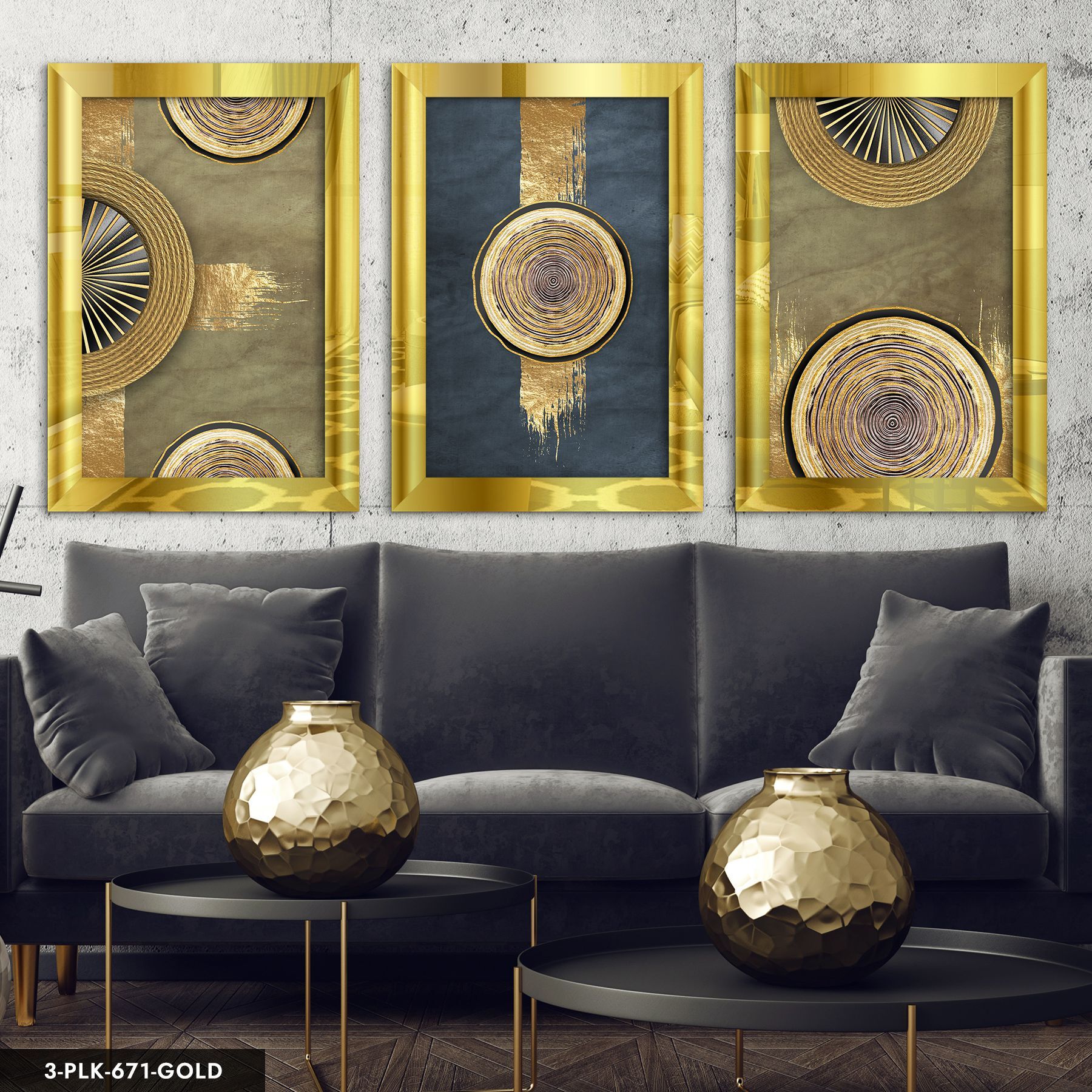 Gold Dairesel Soyut Sanat 3 Parça Pleksi Aynalı Tablo 40 x 60 CM - Gold