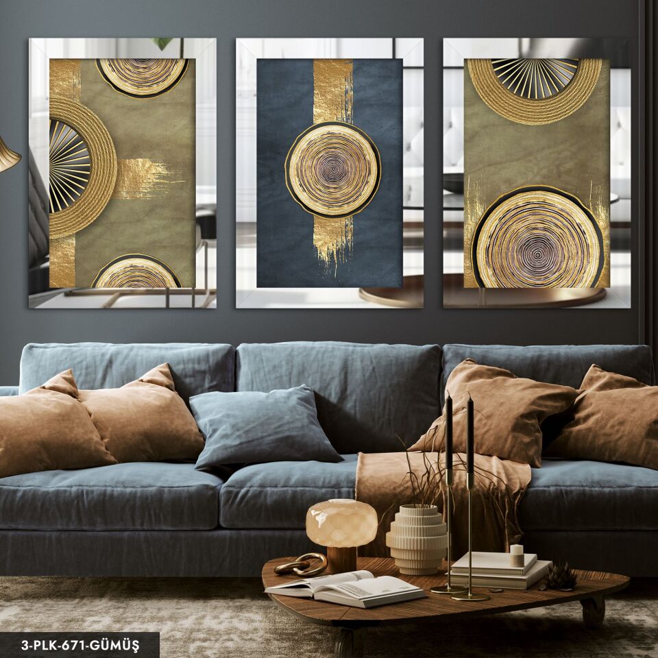Gold Dairesel Soyut Sanat 3 Parça Pleksi Aynalı Tablo 40 x 60 CM - Gümüş