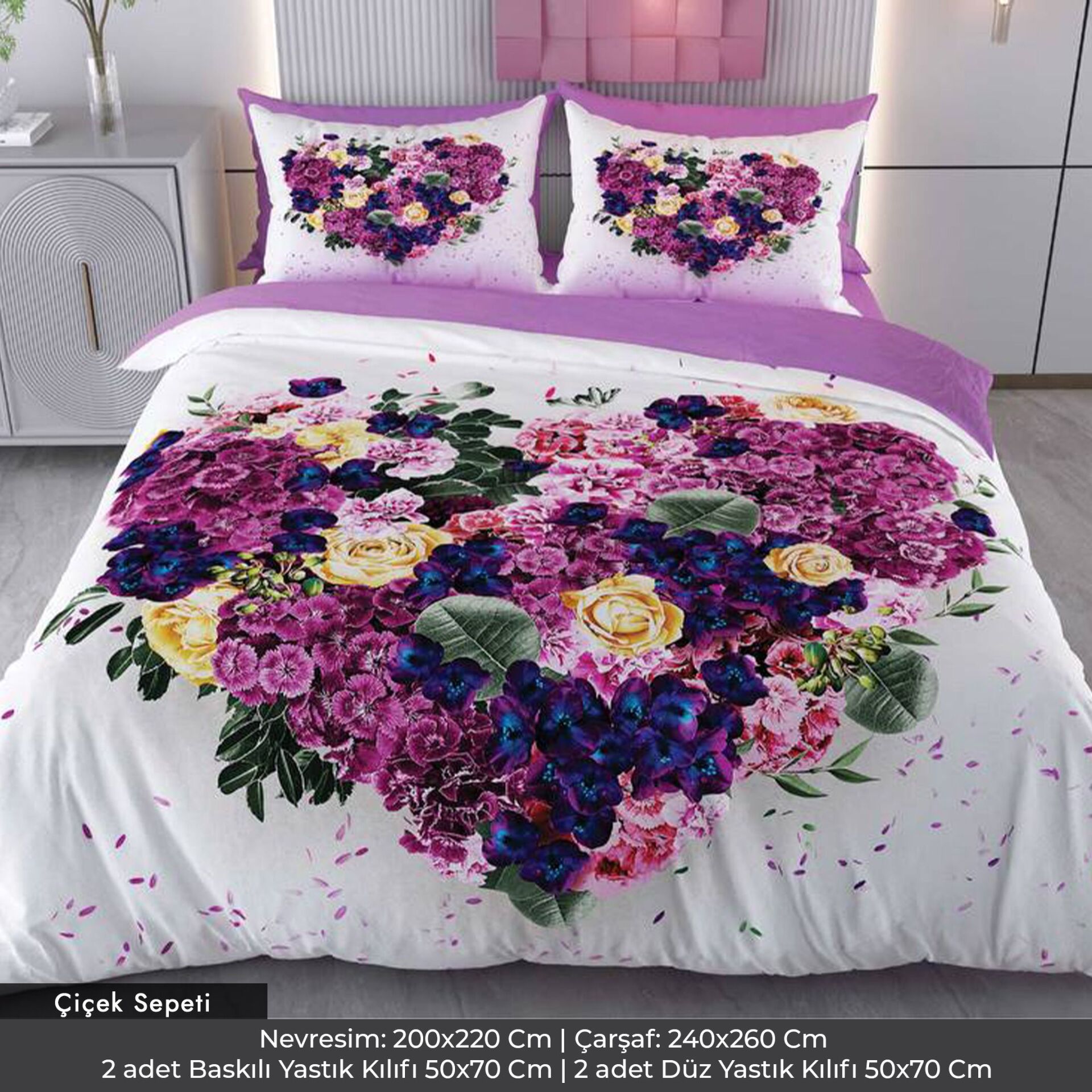 Kalp Çiçekler Dijital Baskılı 3D 3 Boyutlu Çift Kişilik Nevresim Takımı Çift Kişilik