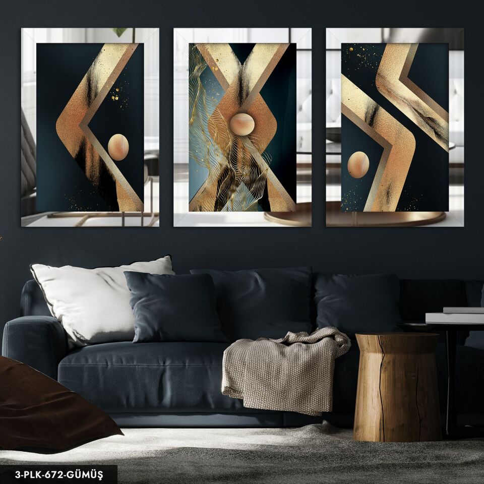 Gold Dairesel Soyut Sanat 3 Parça Pleksi Aynalı Tablo 40 x 60 CM - Gümüş