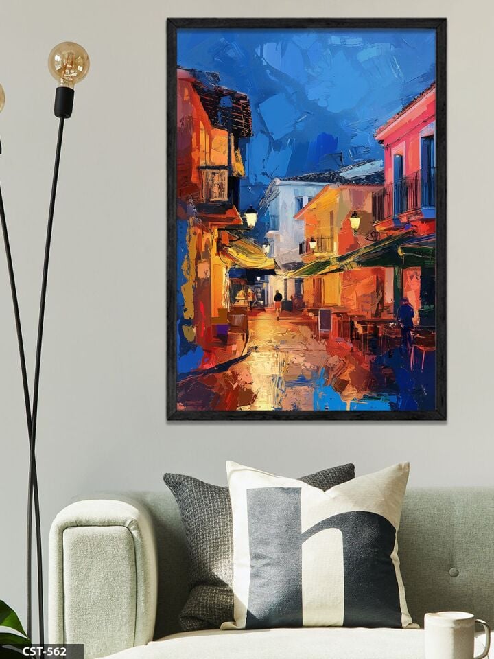 Yağlı Boya Renkli Sokak Tek Parça Ahşap Çerçeveli Tablo Siyah - 40 x 60 CM